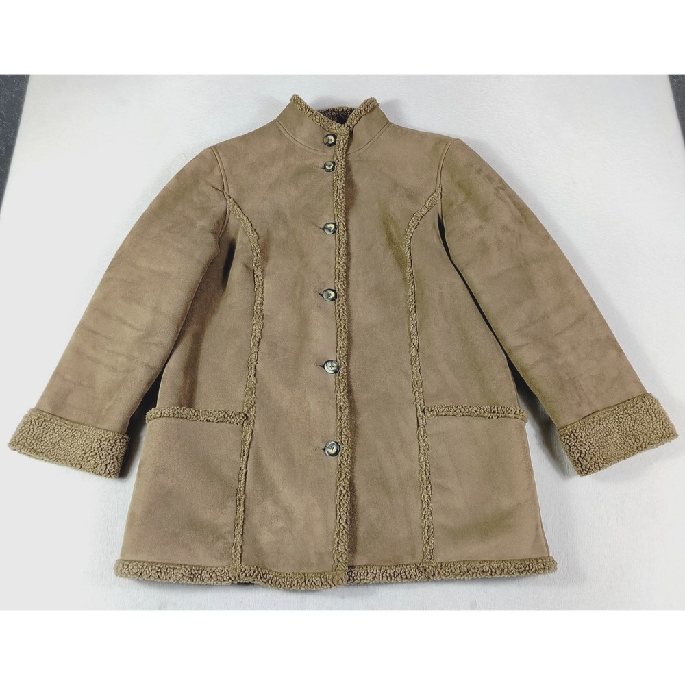 L.L.Bean Coat Womens L Tan Faux Shearling Sherpa Button Front Pocket Warm Winter